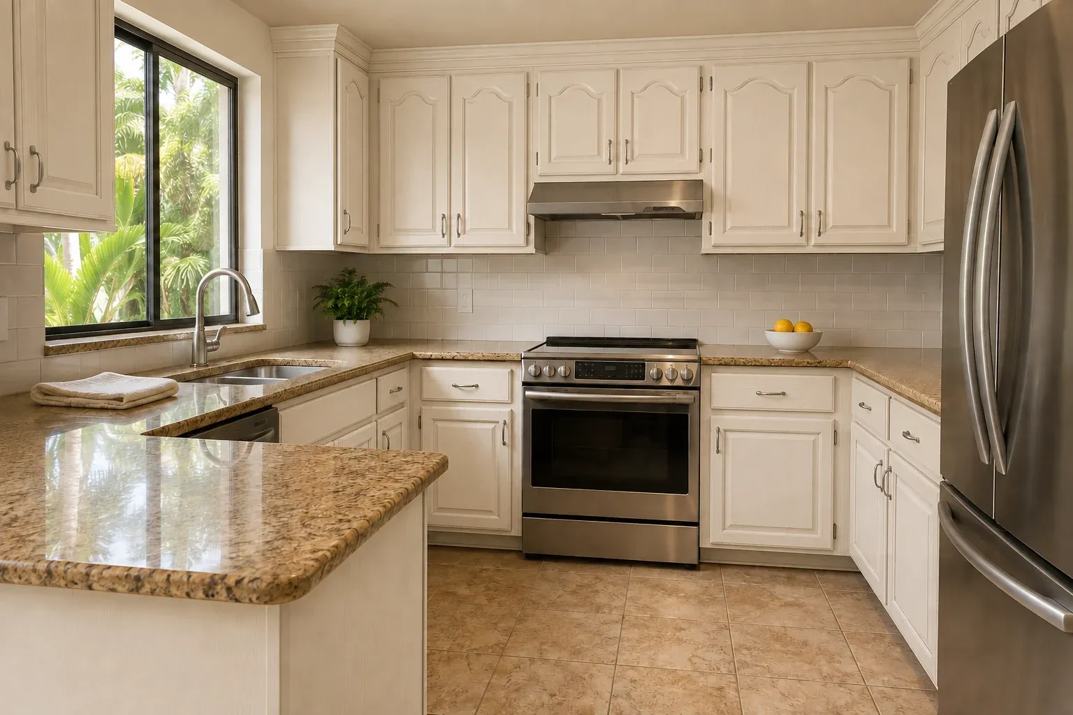 The same kitchen cabinets in a soft ivory finish