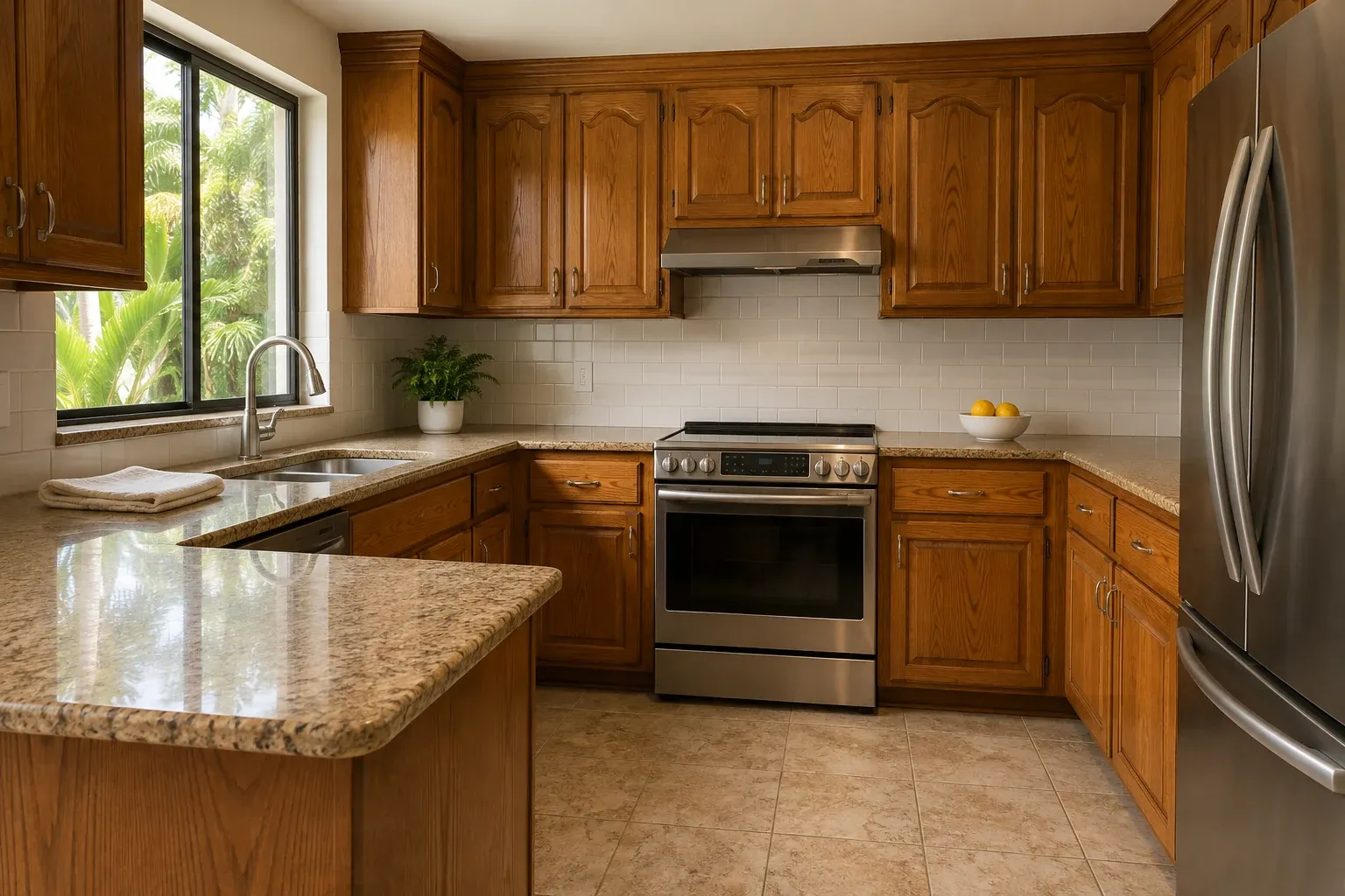 Kitchen cabinets in a honey oak finish