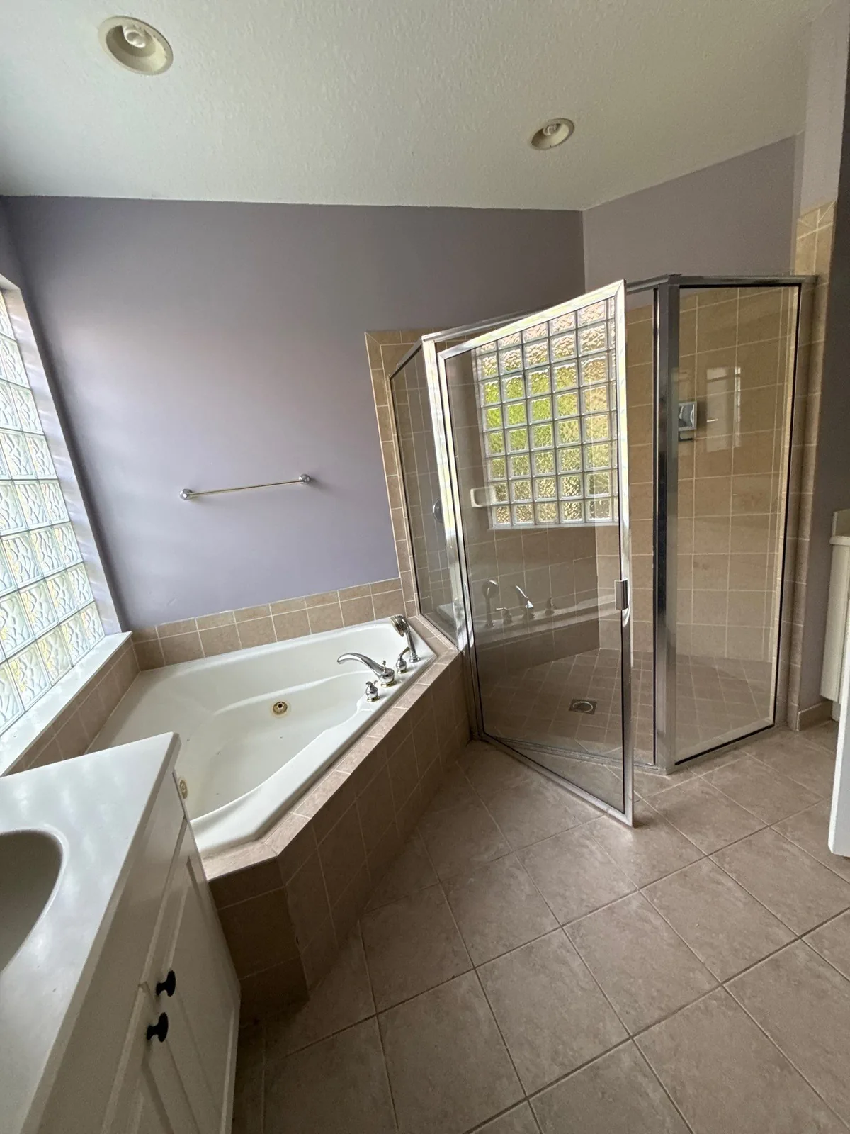 Interior Painting in Coral Gardens, Florida. Empty bathroom with lavender-grey painted walls, corner soaking tub, glass shower enclosure and glass-block windows.