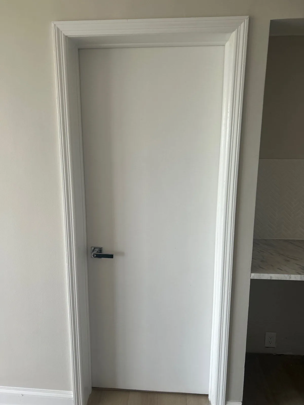 Interior Painting in Indian River Shores, Florida. White-painted interior door with matching casing set in a painted wall.