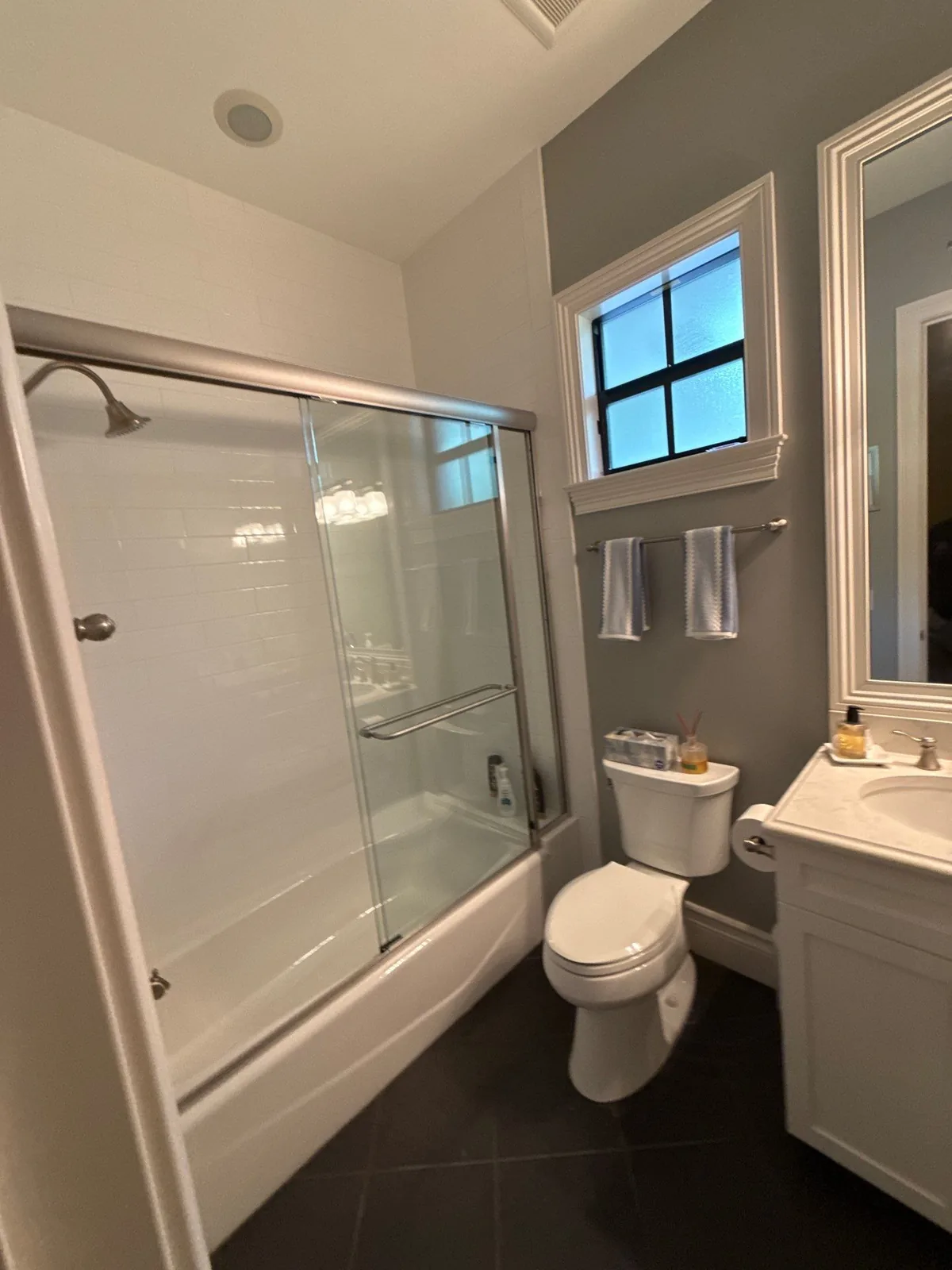 Interior Painting in Indian River Shores, Florida. Bathroom with grey painted walls and white trim, tub-shower with glass doors, toilet and white vanity.