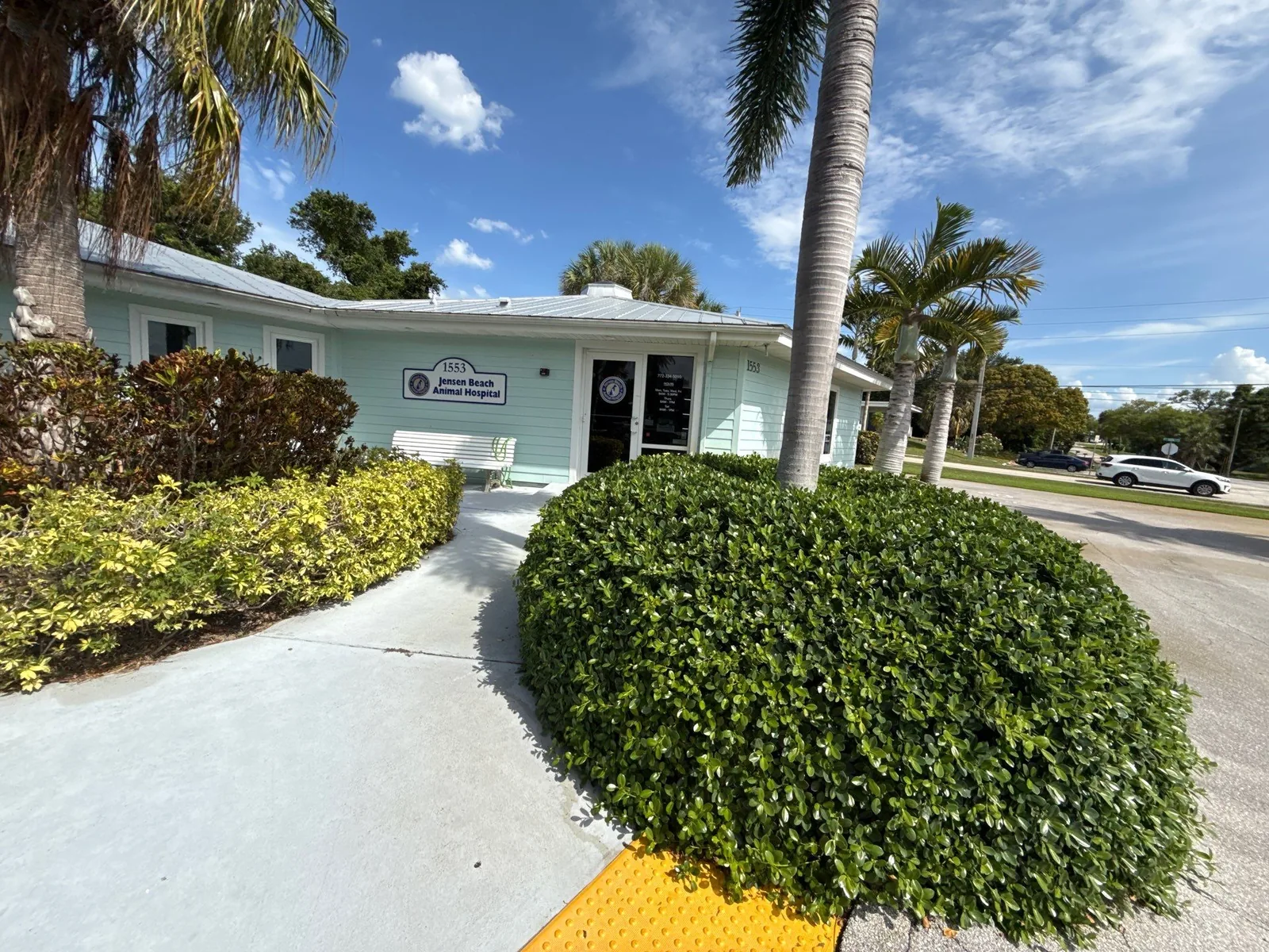 Commercial Painting in Jensen Beach, Florida. Single-storey commercial building painted pale green with white trim, entry door and wall sign, palm trees and clipped hedge in front.