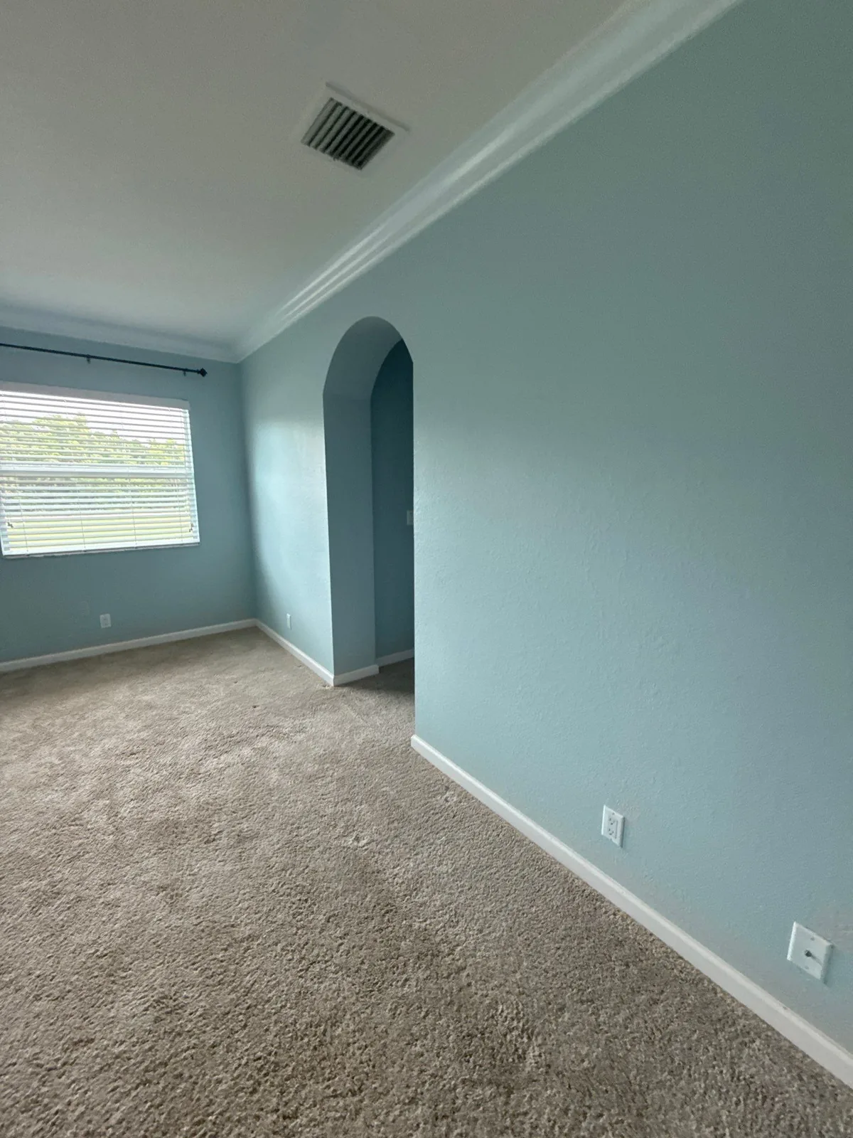 Interior Painting in Jupiter, Florida. Empty carpeted room with pale blue-green painted walls, white crown moulding and an arched doorway.