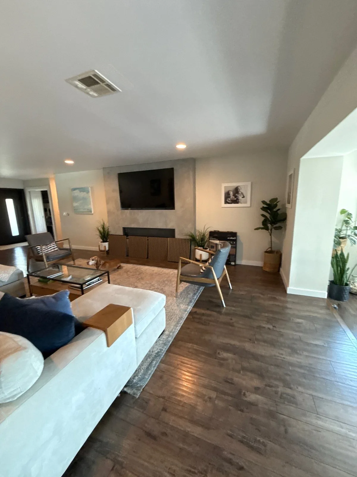 Interior Painting in Palm City, Florida. Open living room with white walls and ceiling, sectional sofa, wall-mounted television above a media console and potted plants.