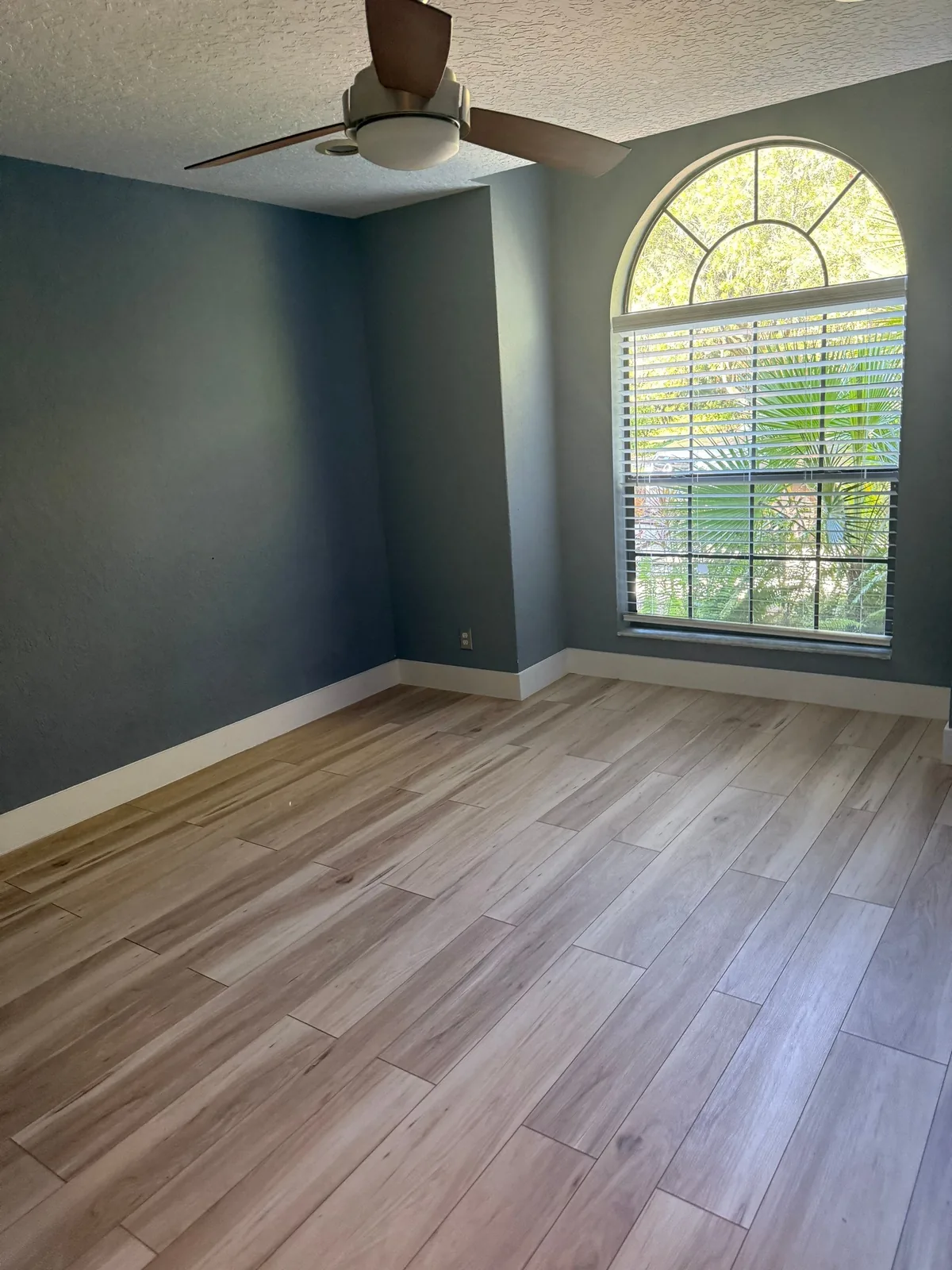 Interior Painting in Palm City, Florida. Empty bedroom with dark blue-grey accent wall beside a white wall, arched window with blinds and ceiling fan.