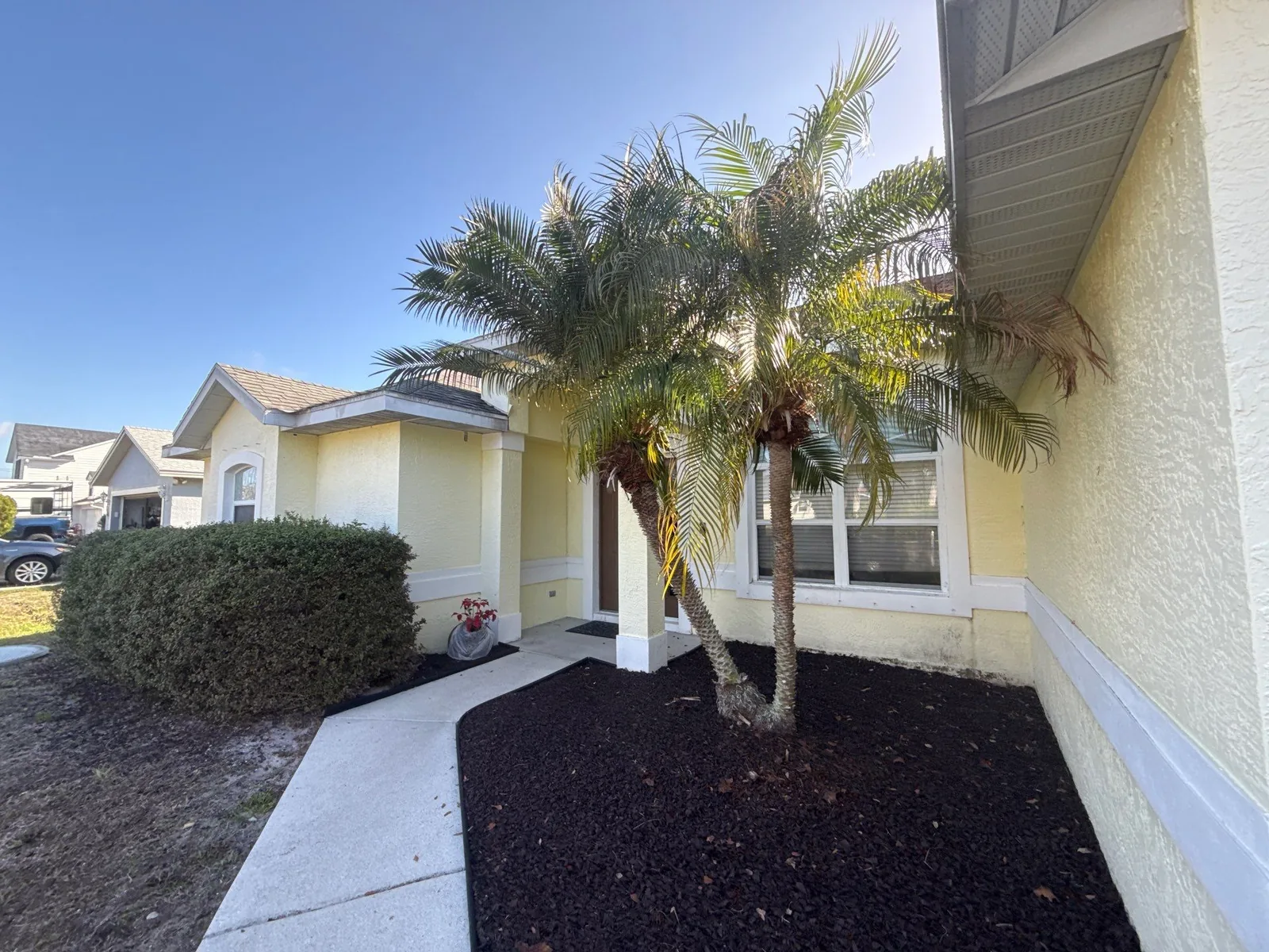Exterior Painting in Port Saint Lucie, Florida. Front elevation of a single-storey pale yellow stucco house with palm tree, mulch bed and walkway.