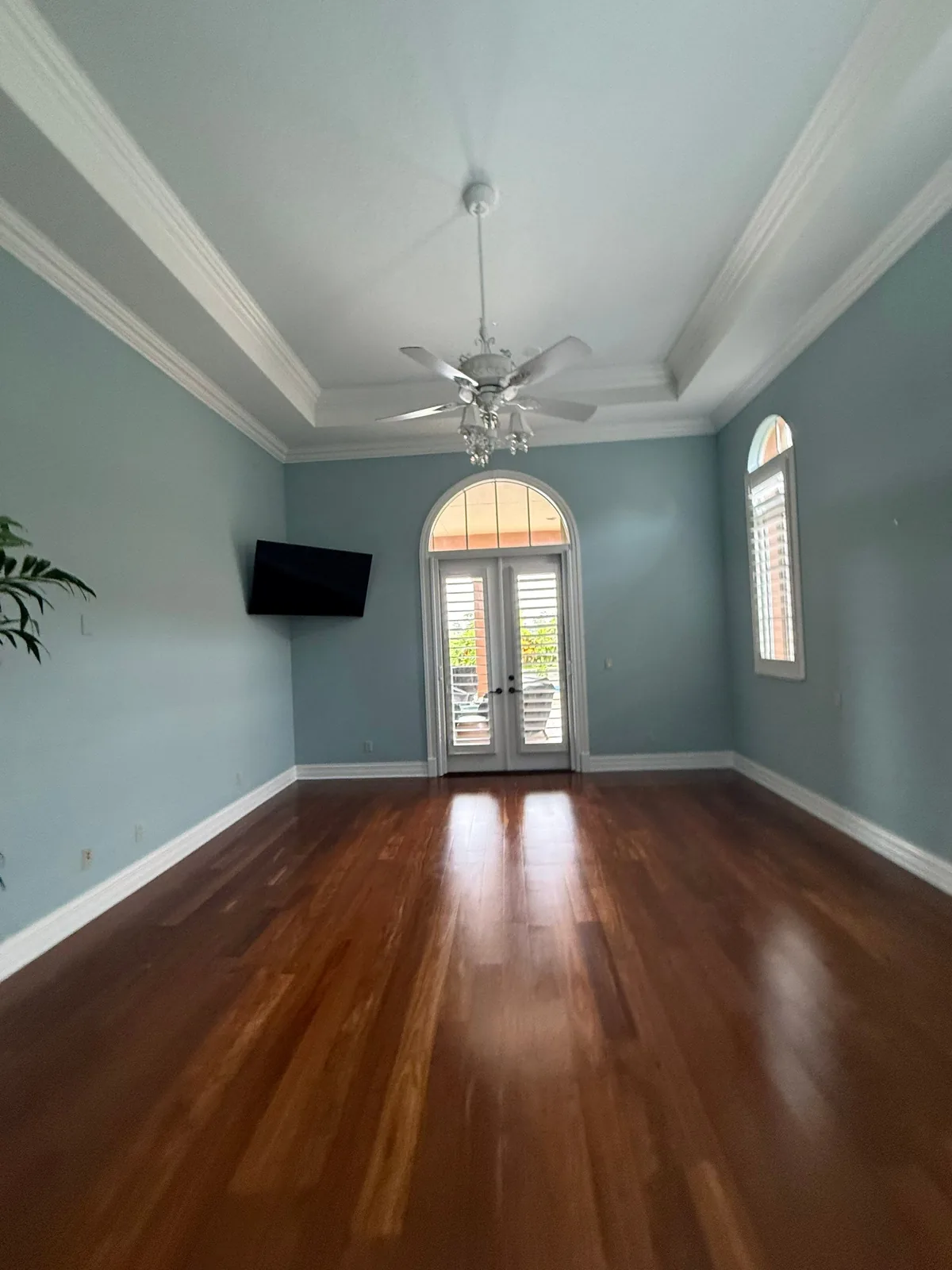 Interior Painting in Port Saint Lucie, Florida. Empty living room with blue-grey walls, white crown moulding and tray ceiling, arched French doors with plantation shutters, ceiling fan, wall-mounted television and dark hardwood flooring.