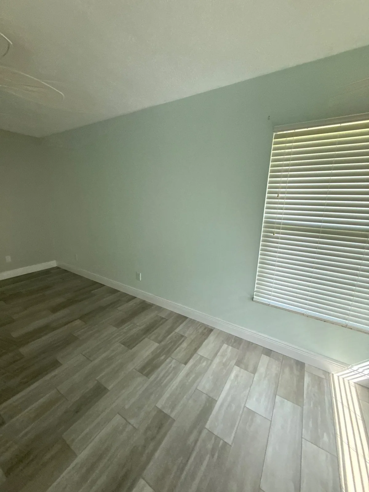 Interior Painting in Port Salerno, Florida. Empty bedroom corner with pale green walls, white ceiling and trim, window with blinds and wood-look plank flooring.