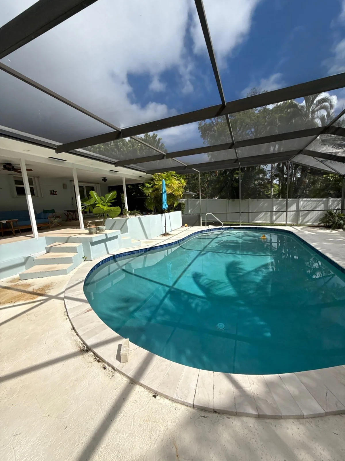 Pressure Washing in Sewall's Point, Florida. Screened pool enclosure with clean white concrete deck surrounding a blue kidney-shaped pool.