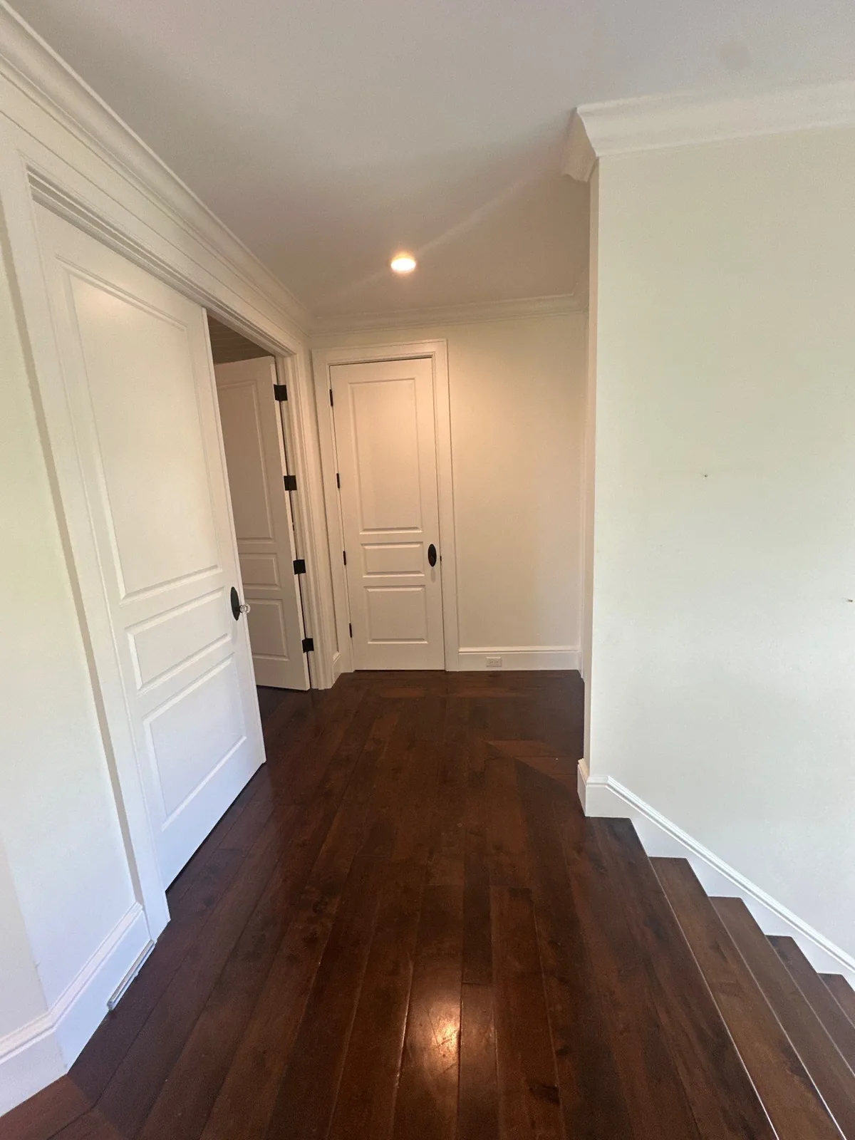 Interior Painting in Vero Beach, Florida. Interior hallway with white panel doors, white crown moulding and baseboards, and dark hardwood flooring.