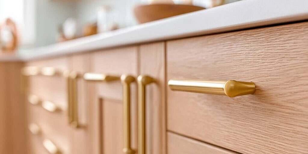 Close-up of natural wood kitchen cabinet drawers with gold hardware showing signs its time to refinish cabinets